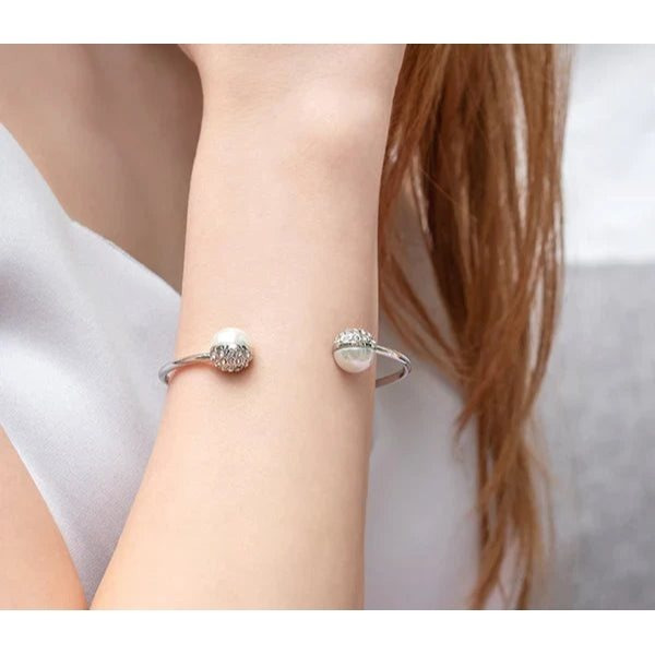 Pearl and Crystal Accent Bangle Bracelet for Women